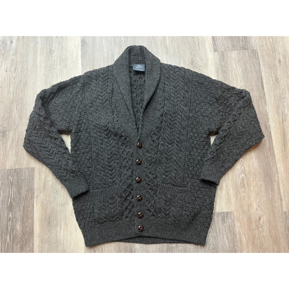 Vtg Aran Irish Merino Wool Shawl Neck Gray Cardigan Sea Sweater Size M